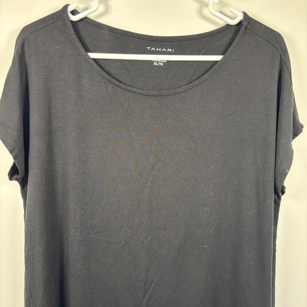 TAHARI Cap Sleeve Tee Women XL Black Stretch Rayon Spandex Casual